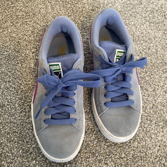 Puma Suede Grey Blue Purple Sneakers Shoes School Kids Girls Youth Size 4 - Picture 5 of 6